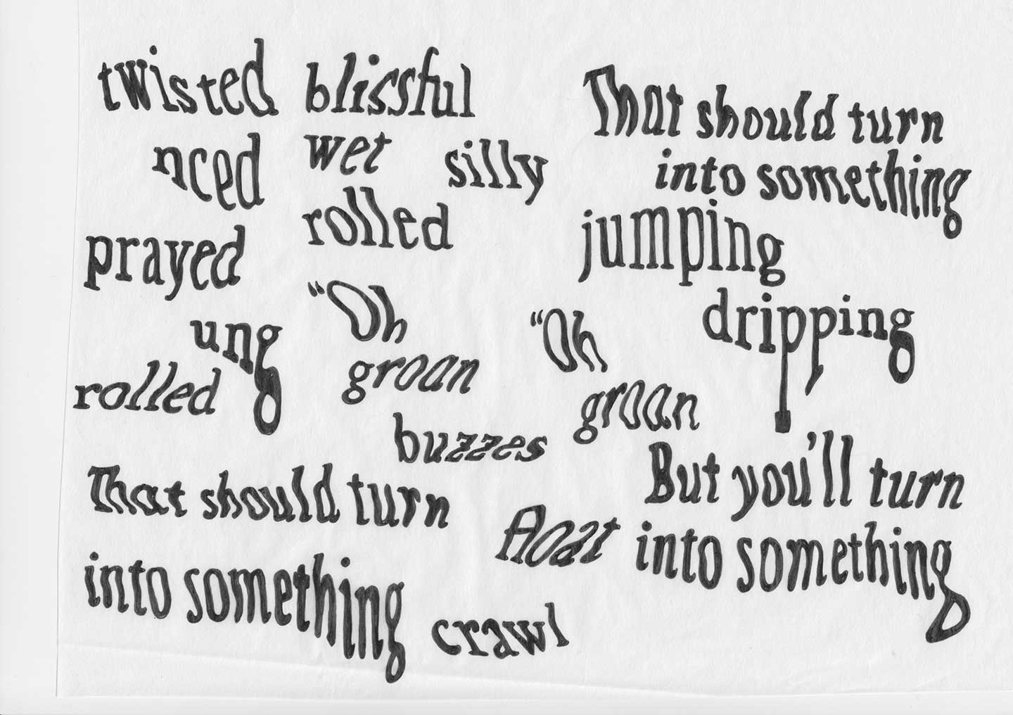 Scan of several warped words, hand drawn